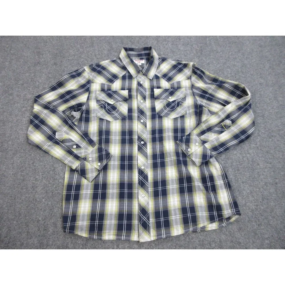 True Religion Shirt Mens Large‎ Blue Plaid Button Up Pearl Snap Western Cowboy